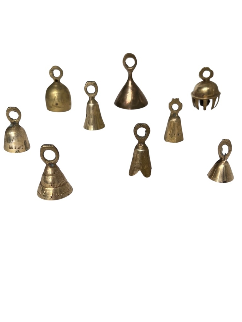 9 Indian Brass Bells Assorted Sizes Small